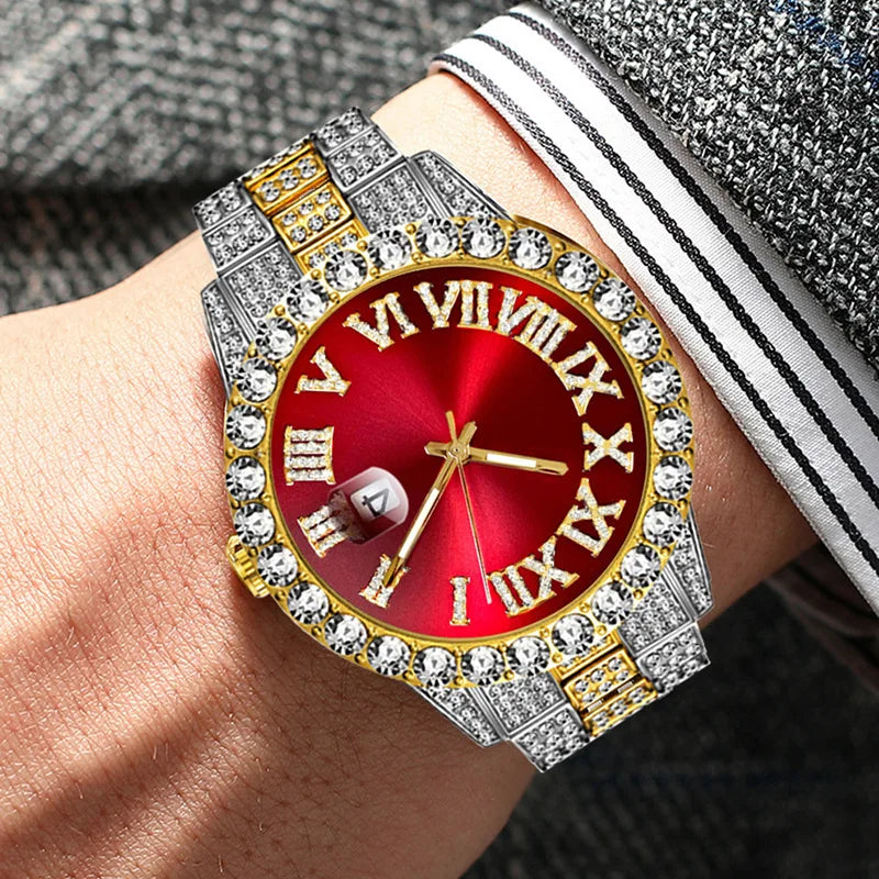 TVK Unisex Rhinestone Quartz Watch - Roman Numeral, Stainless Steel, Auto Date, Shock Resistant