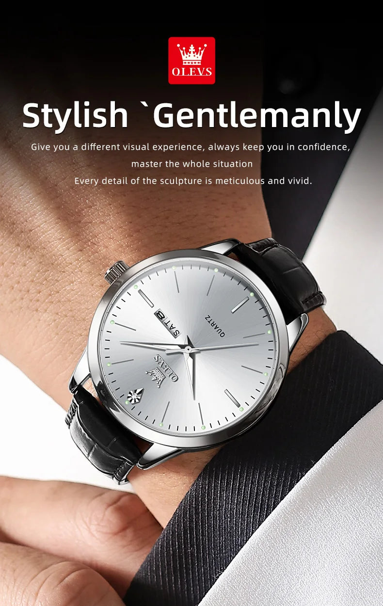 OLEVS 2935 Men's Watch - 43mm, Dual Calendar, Luminous, 3ATM Waterproof, Leather Strap