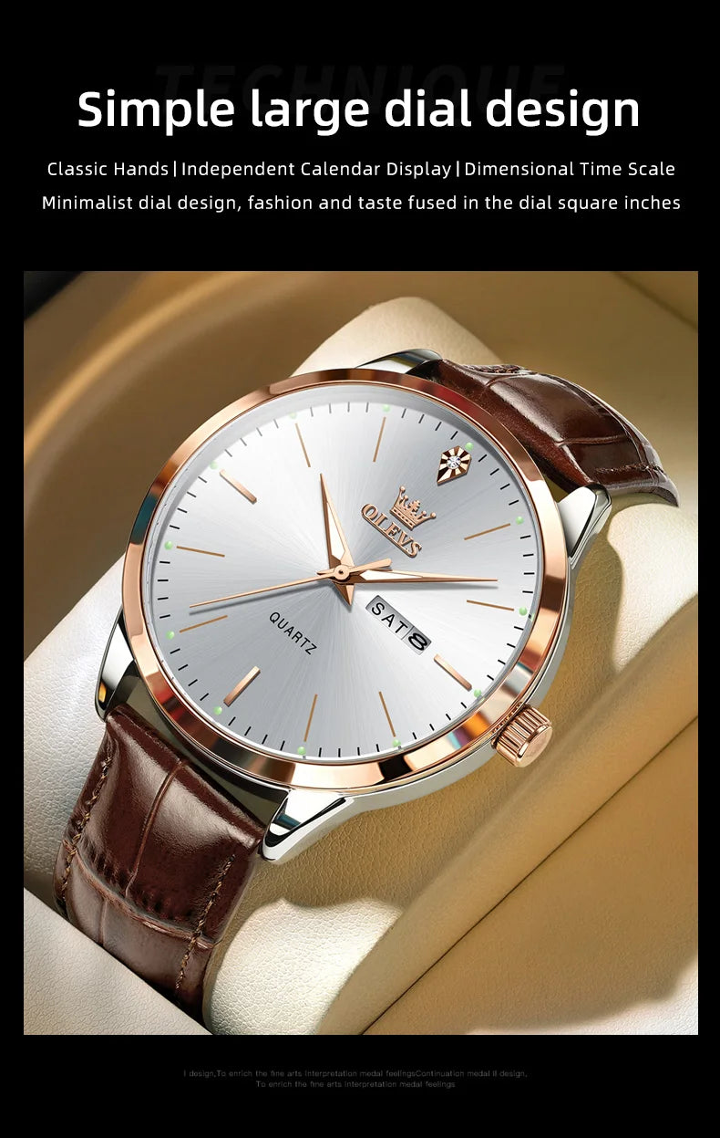 OLEVS 2935 Luxury Men's Watch - Roman Numeral, Auto Date, Shock Resistant, 3ATM, Leather Strap