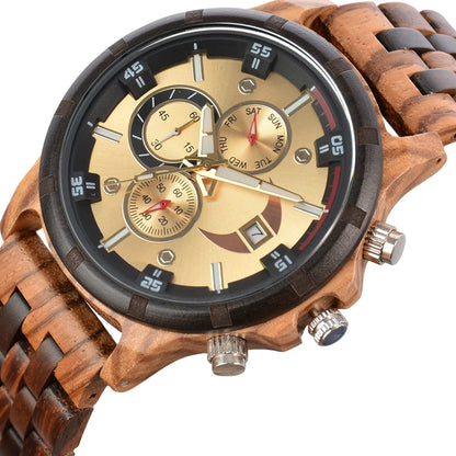 Rainch Men’s Wooden Quartz Watch with Dual Time Zones and Calendar