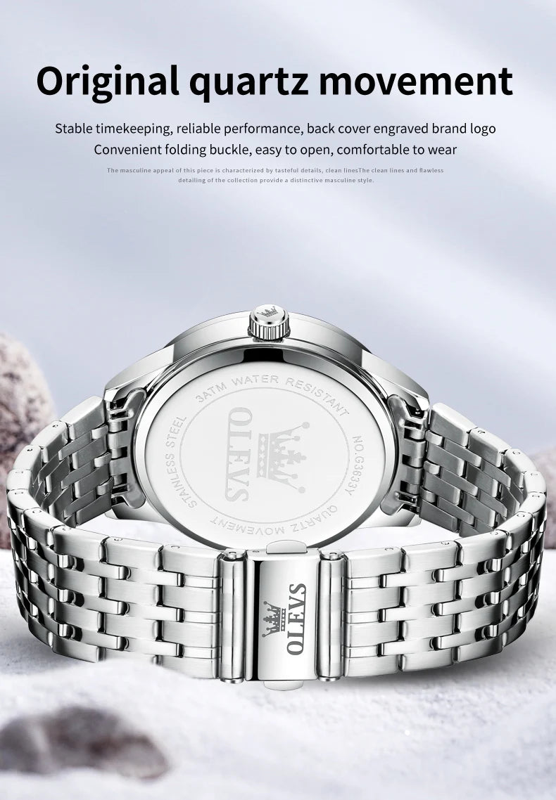 OLEVS 3633 Men's Watch - Business Simple, Waterproof, Luminous, Stainless Steel, Dual Calendar