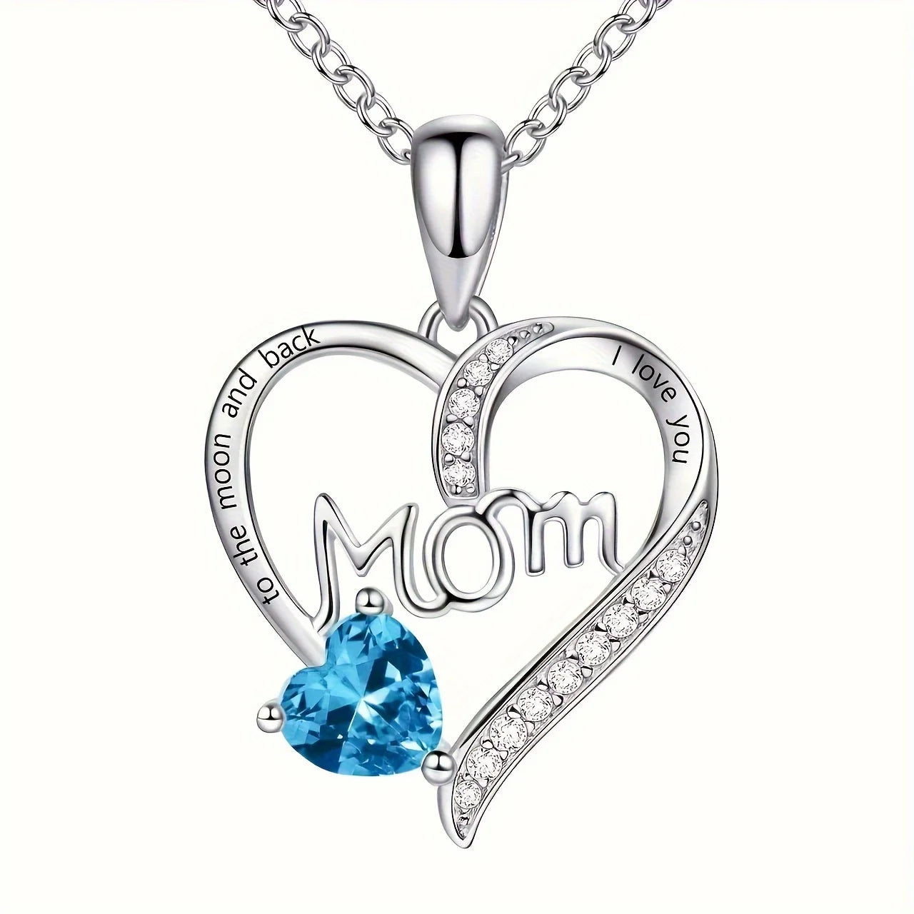 Heart 'Mom' Engraved Rhinestone Necklace – Multi-Color, 35cm