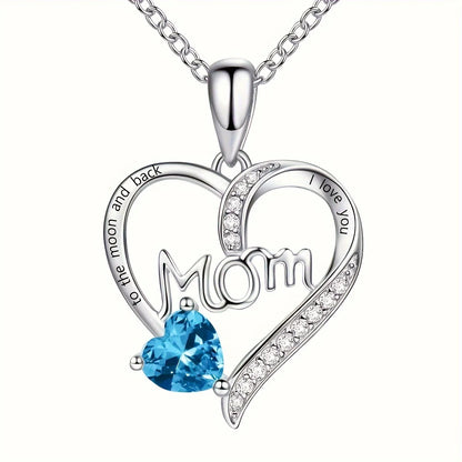 Heart 'Mom' Engraved Rhinestone Necklace – Multi-Color, 35cm
