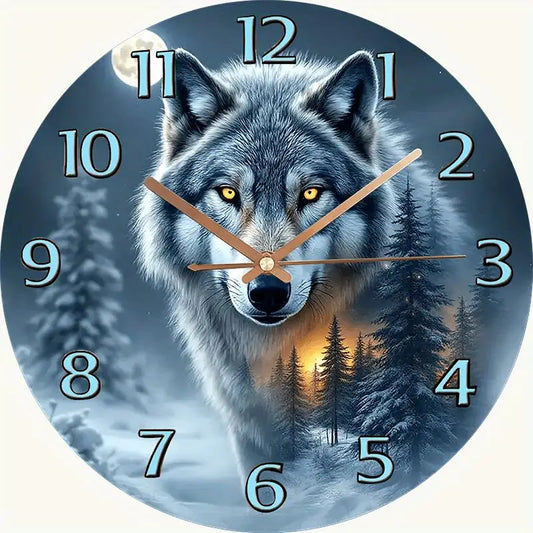 Wolf Silent Wall Clock - 12x12" Tempered Glass Blue Hands