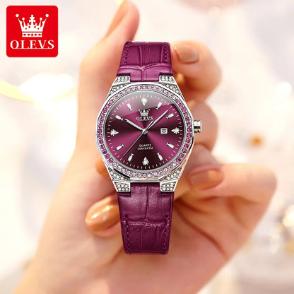 OLEVS 5606 Original Diamond Watch - Leather Strap, 3M Waterproof, Luminous