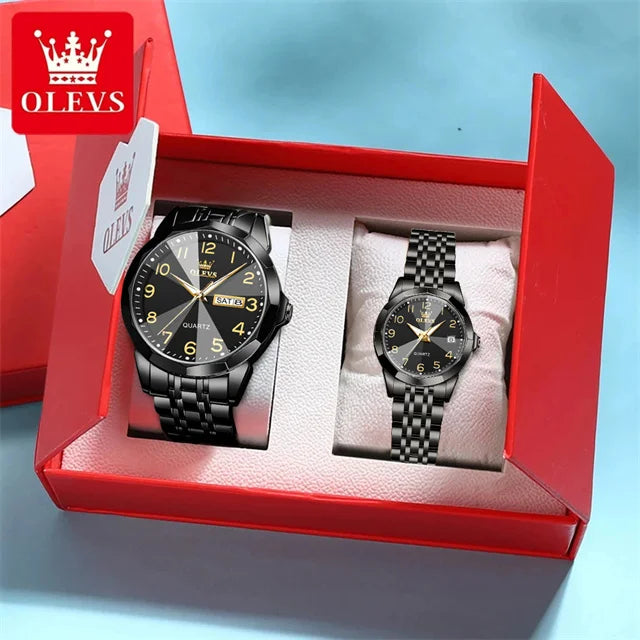 OLEVS 9970 Couple Watch - Luxury, Stainless Steel, Waterproof, Calendar, Digital Dial, Rhombus Mirror