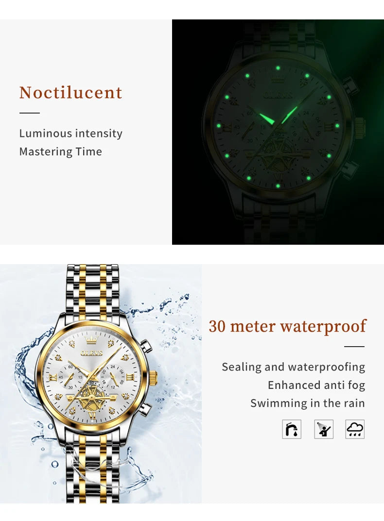 OLEVS 2859+2897 Couple Watch - Stainless Steel, Waterproof, Chronograph, Moon Phase, Flywheel