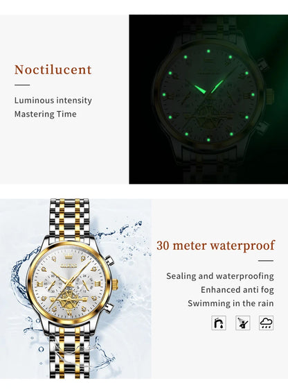 OLEVS 2859+2897 Couple Watch - Stainless Steel, Waterproof, Chronograph, Moon Phase, Flywheel