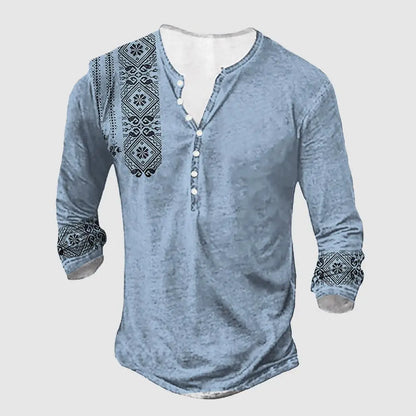 3D Wolf Men's T-Shirt - Polyester Long Sleeve Henry Collar