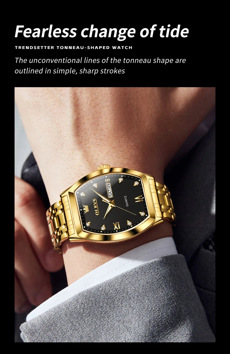 OLEVS 5528 Men's Watch - Luxury Gold, Tonneau Dial, Waterproof, Luminous, Business