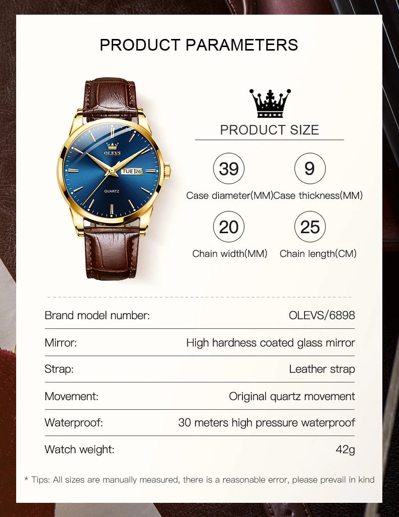 OLEVS 6898 Men's Watch - Simple Blue Face, Waterproof, Leather Strap, Business Casual, Automatic