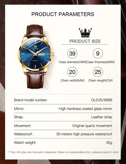 OLEVS 6898 Men's Watch - Simple Blue Face, Waterproof, Leather Strap, Business Casual, Automatic