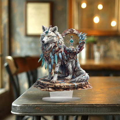 White Wolf Dream Catcher Acrylic Desk Decor - 10in 2D Tabletop Sign