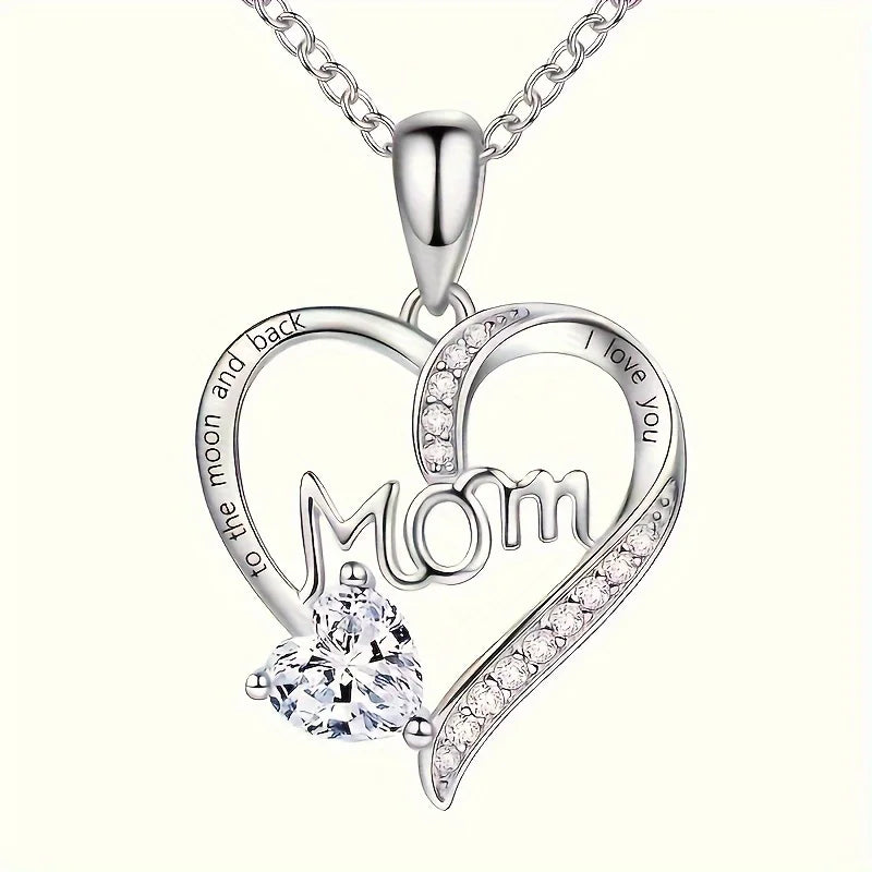 Heart 'Mom' Engraved Rhinestone Necklace – Multi-Color, 35cm