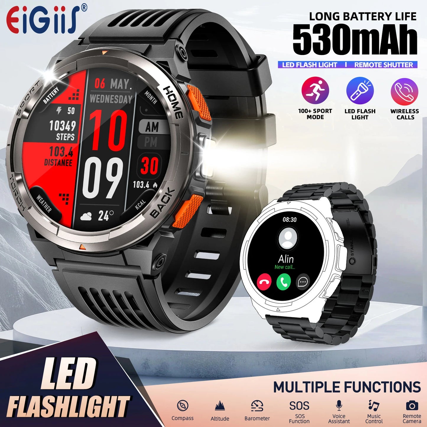 EIGIIS KE5 Smart Watch – 1.45" TFT, 3ATM, 530mAh, Compass & Altimeter