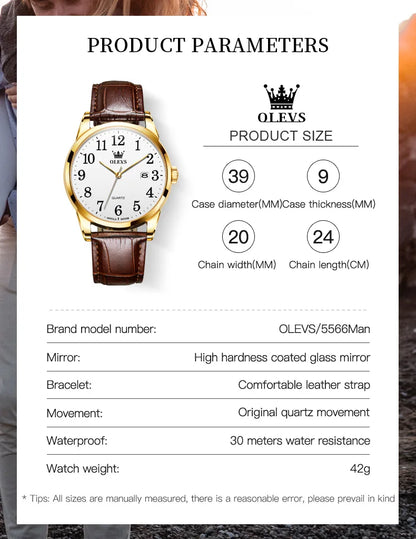 OLEVS 5566 Watch - Fashion Quartz, Leather Strap, Waterproof, Arabic Numeral, Men & Women