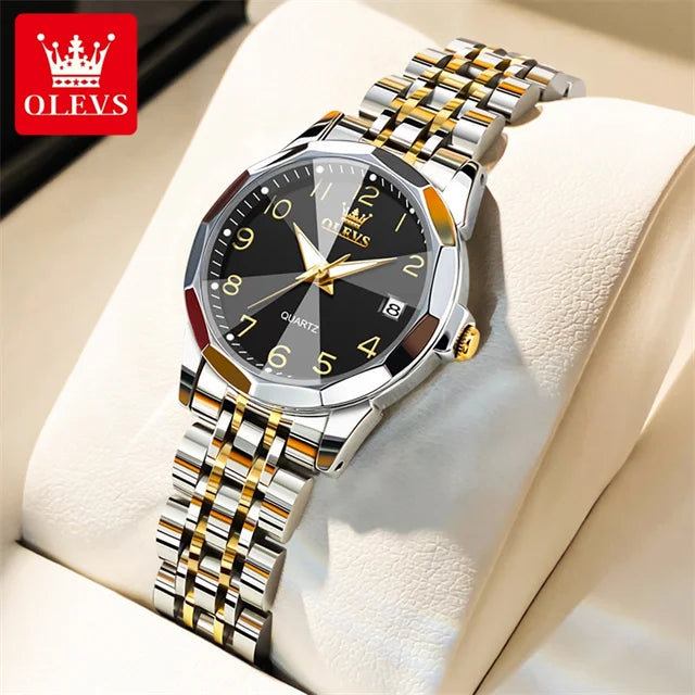 OLEVS 9970 Couple Watch - Luxury, Stainless Steel, Waterproof, Calendar, Digital Dial, Rhombus Mirror