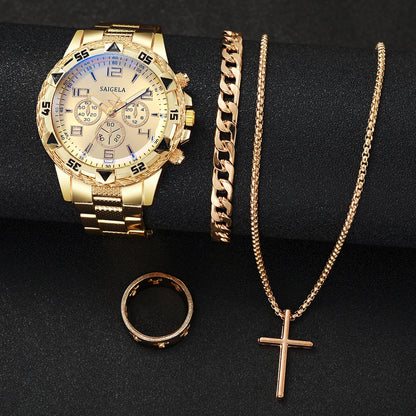 yolako 4pcs Men's Quartz Watch Jewelry Set - Watch, Bracelet, Necklace & Ring, 45mm, No Box