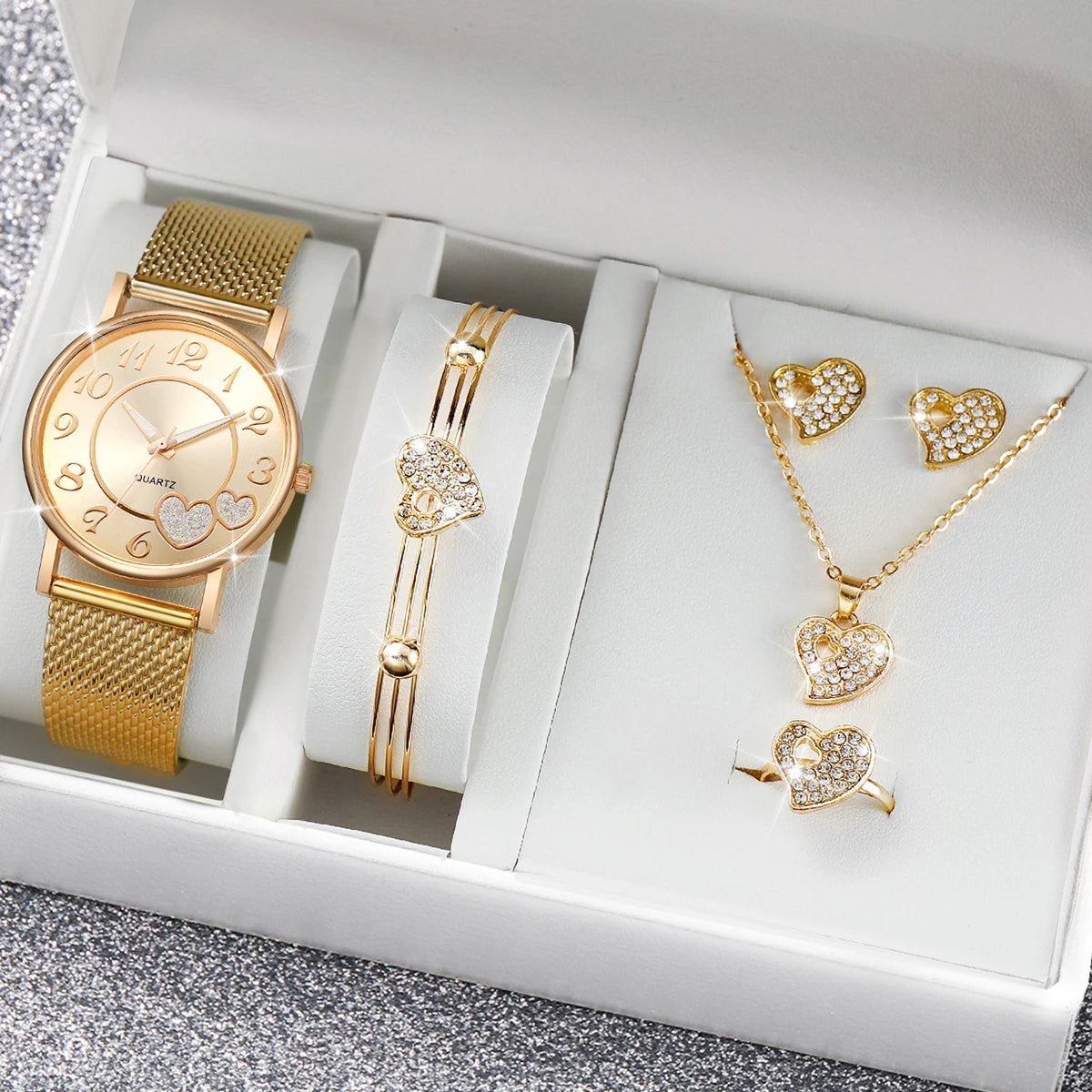Women's Heart Dial Quartz Watch & Rhinestone Heart Jewelry Set - Plastic Band, 38mm, No Box