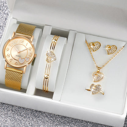 Women's Heart Dial Quartz Watch & Rhinestone Heart Jewelry Set - Plastic Band, 38mm, No Box