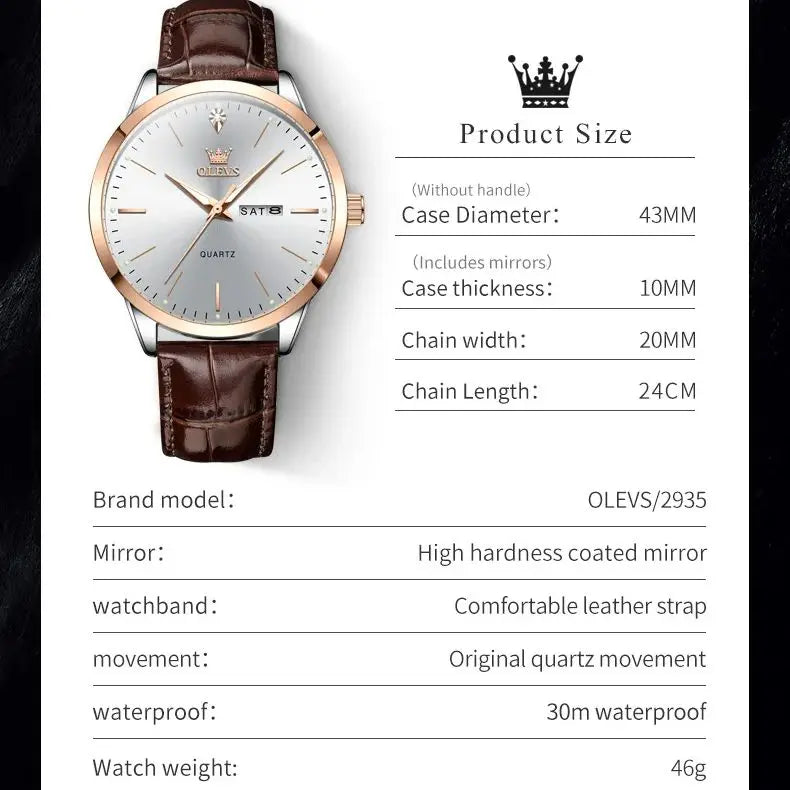 OLEVS 2935 Luxury Men's Watch - Roman Numeral, Auto Date, Shock Resistant, 3ATM, Leather Strap