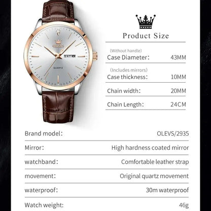 OLEVS 2935 Luxury Men's Watch - Roman Numeral, Auto Date, Shock Resistant, 3ATM, Leather Strap