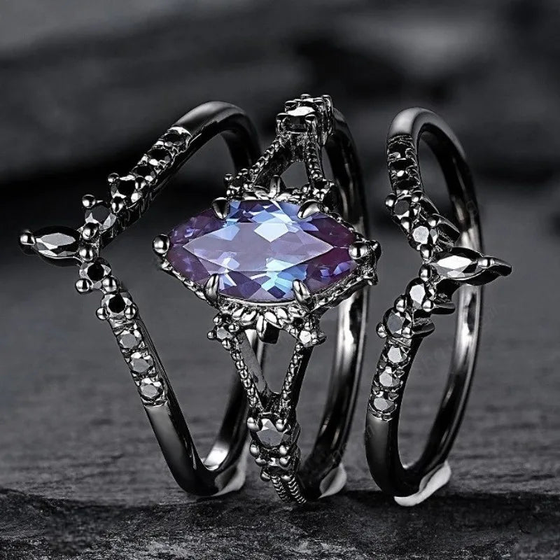 Black Stone Ring Set - Blue & Black Oval & Round Rings