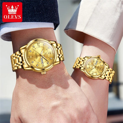 OLEVS 5513 Couple Watch - Stainless Steel, Waterproof, Luxury Gold Diamond, Lover's Pair