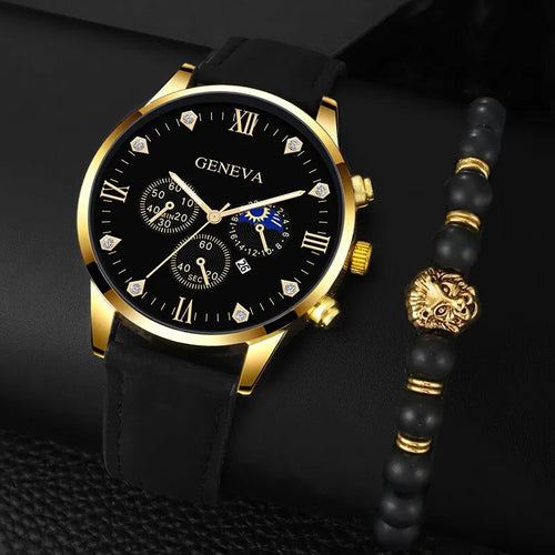 DEYROS 2pcs Men's Luxury Quartz Watch & Bracelet Set - Leather Band, Numberless Dial, No Box