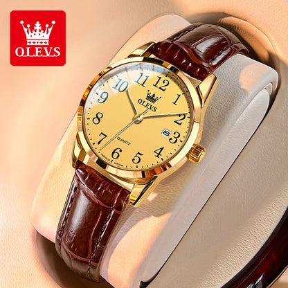 OLEVS 5566 Watch - Fashion Quartz, Leather Strap, Waterproof, Arabic Numeral, Men & Women