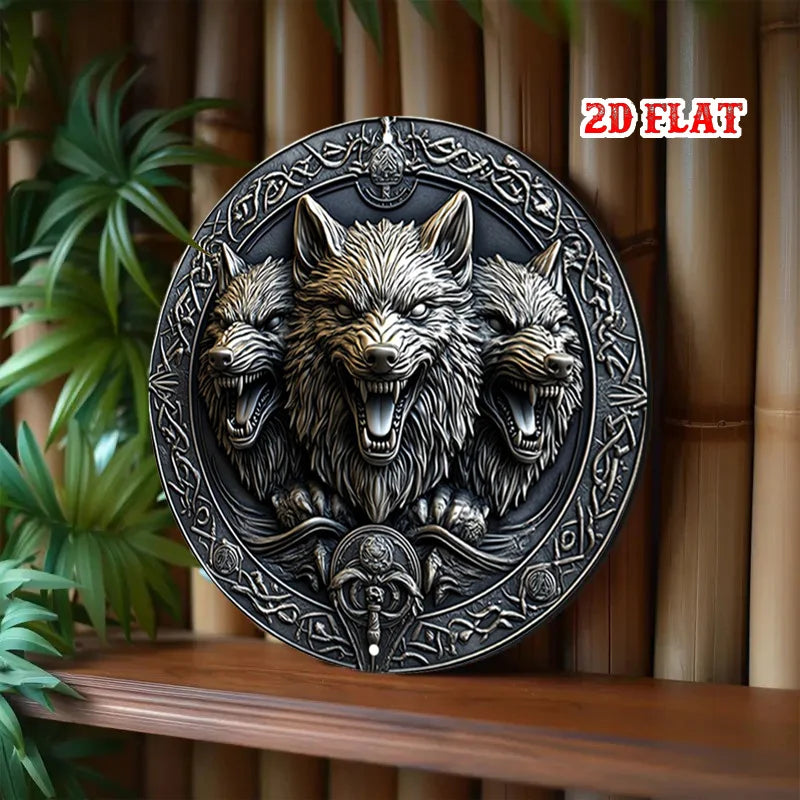 Wolf Faces Aluminum Sign - 20cm Round Celtic Knotwork Metal Wall Art