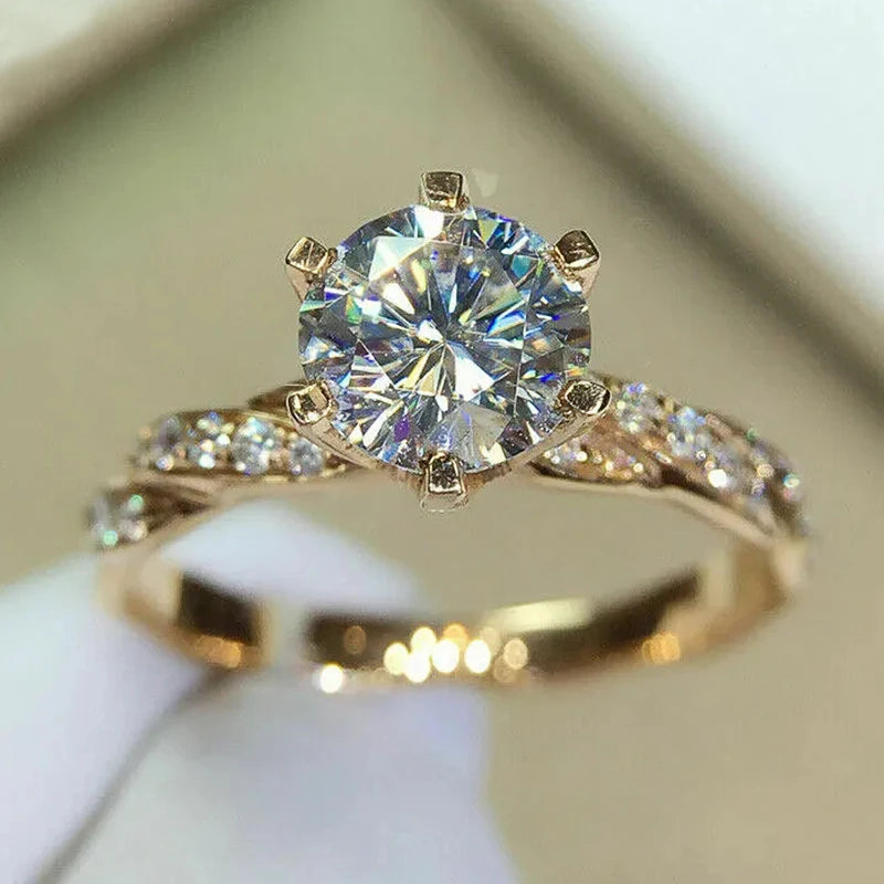 Gold Cubic Zirconia Ring - 6 Claw Engagement Band