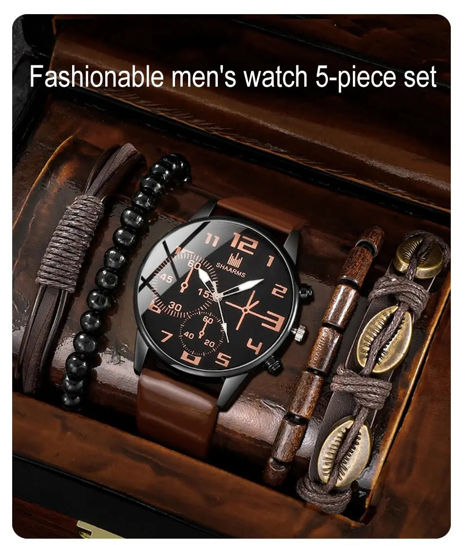 Men's 5pcs Retro Big Dial Quartz Watch & Bracelet Set - Leather Band, Arabic Numeral, 41mm
