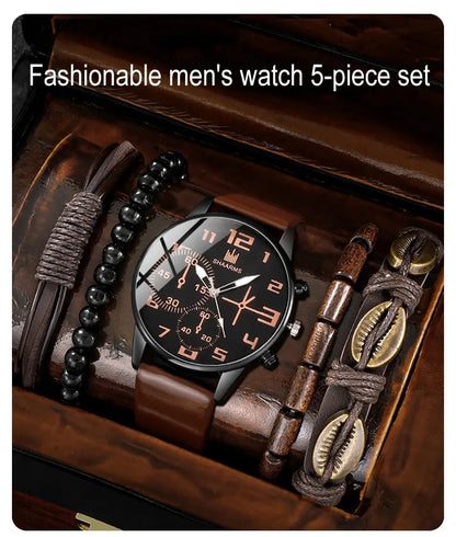 Men's 5pcs Retro Big Dial Quartz Watch & Bracelet Set - Leather Band, Arabic Numeral, 41mm