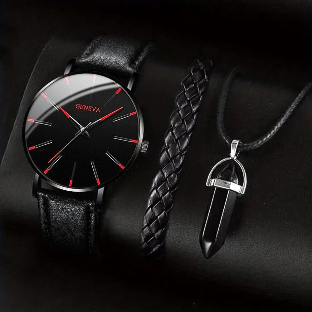 yolako 3pcs Men's Quartz Watch, Bracelet & Necklace Set - Leather Band, Numberless Dial, 41mm