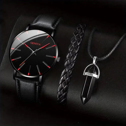 yolako 3pcs Men's Quartz Watch, Bracelet & Necklace Set - Leather Band, Numberless Dial, 41mm