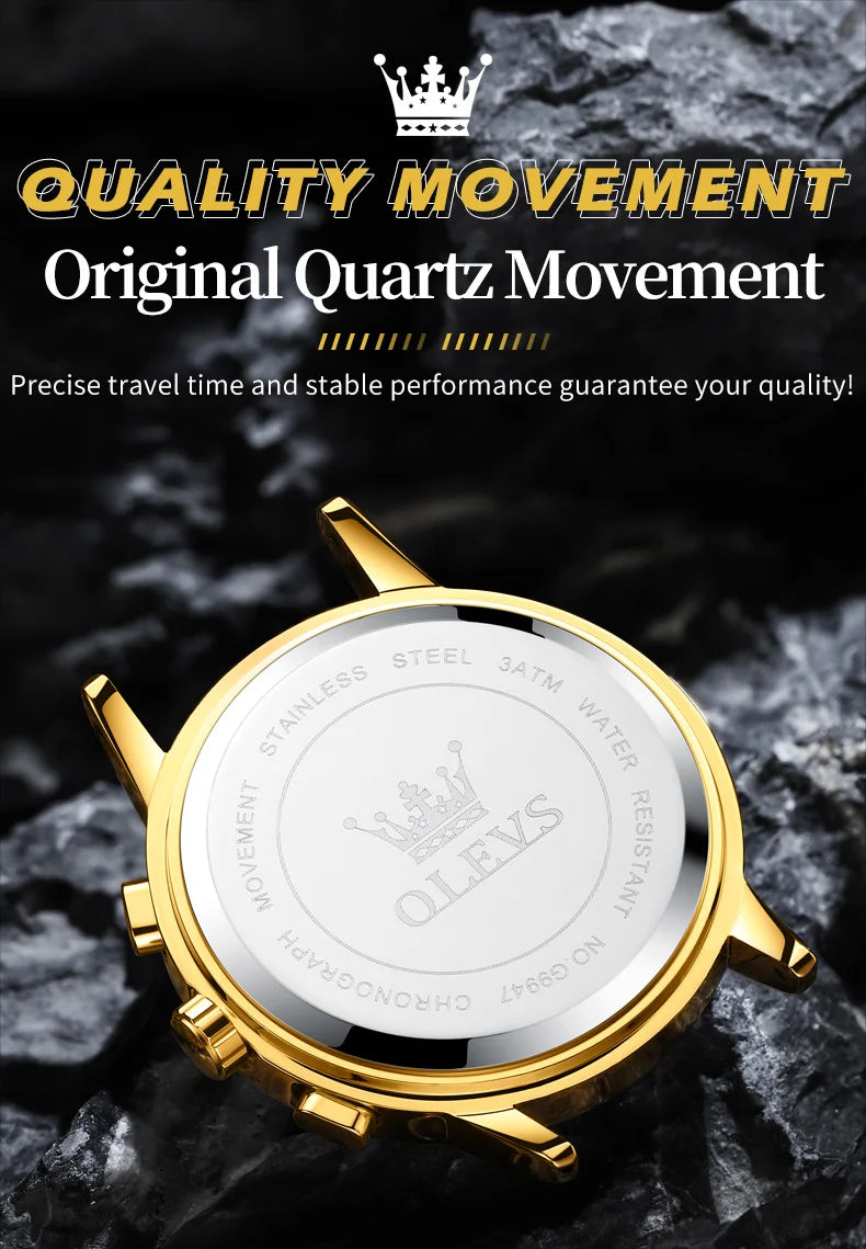 OLEVS 9947 Men's Watch - Luxury, Waterproof, Gold Skeleton, 24 Hour Day Night, Quartz