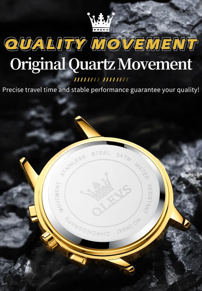 OLEVS 9947 Men's Watch - Luxury, Waterproof, Gold Skeleton, 24 Hour Day Night, Quartz