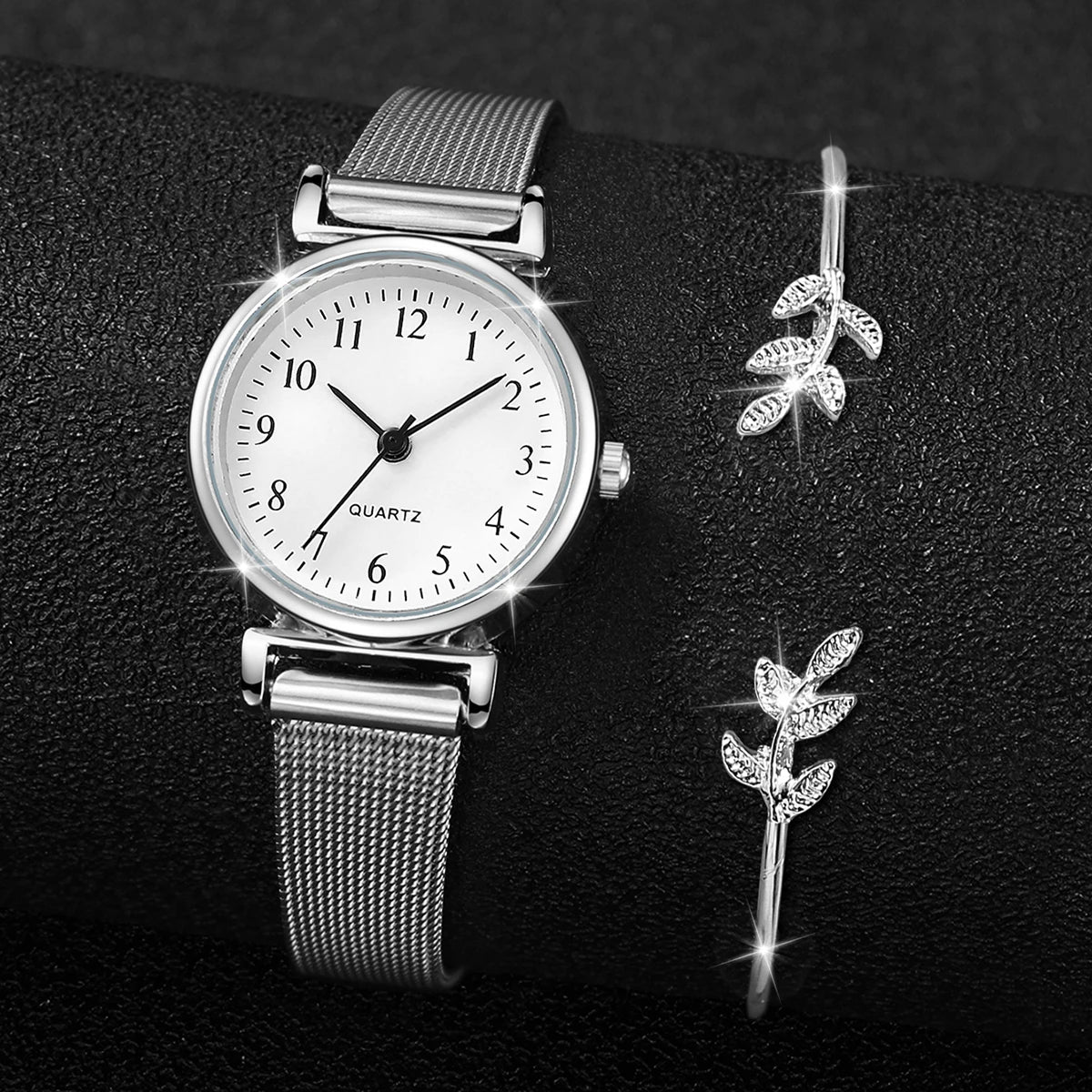 Women's 2pcs Quartz Watch & Opening Cuff Bracelet Set - Steel Mesh Band, Arabic Numeral, 25mm