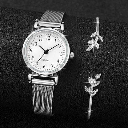 Women's 2pcs Quartz Watch & Opening Cuff Bracelet Set - Steel Mesh Band, Arabic Numeral, 25mm
