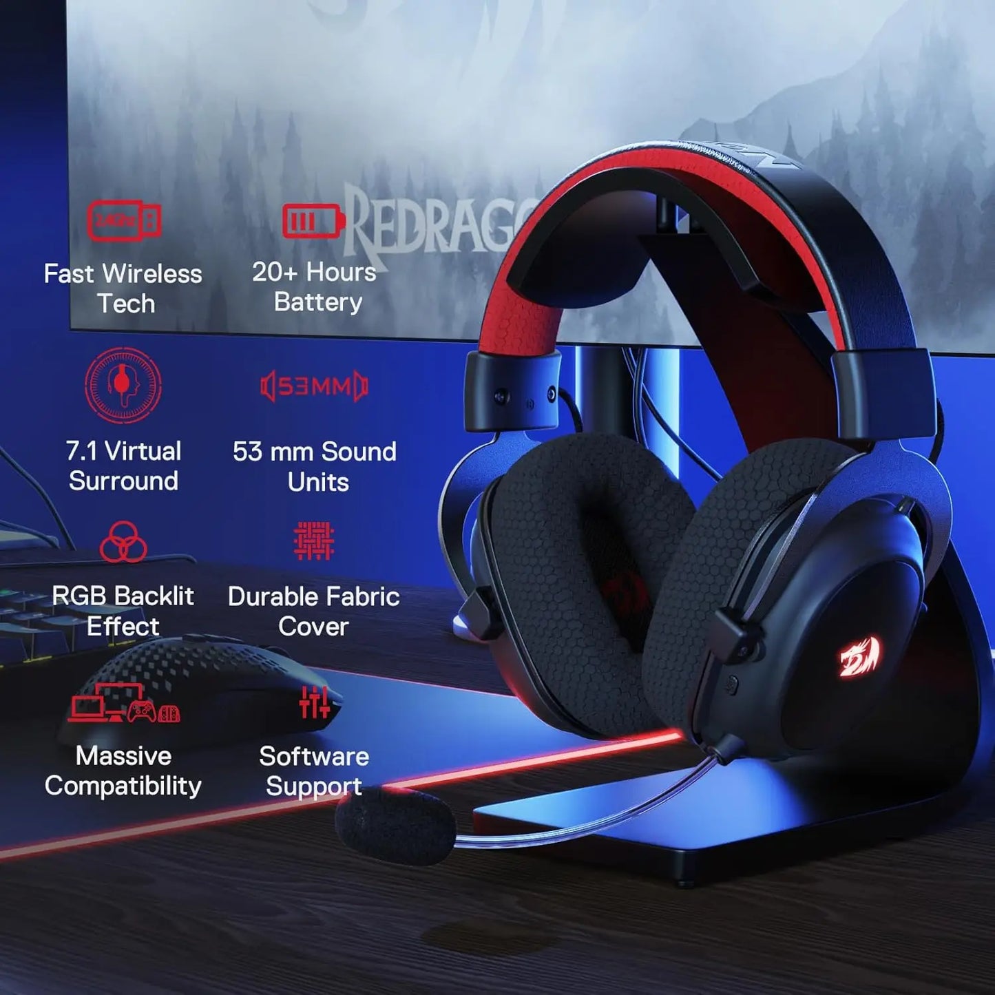 Redragon H510 PRO Zeus-X RGB Wireless Gaming Headset - 7.1 Surround Sound