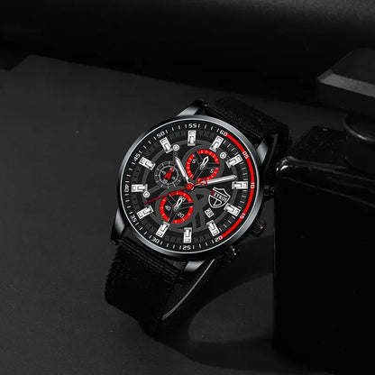 DEYROS 3pcs Men's Quartz Watch, Necklace & Bracelet Set - Nylon Band, Hardlex, Numberless Dial