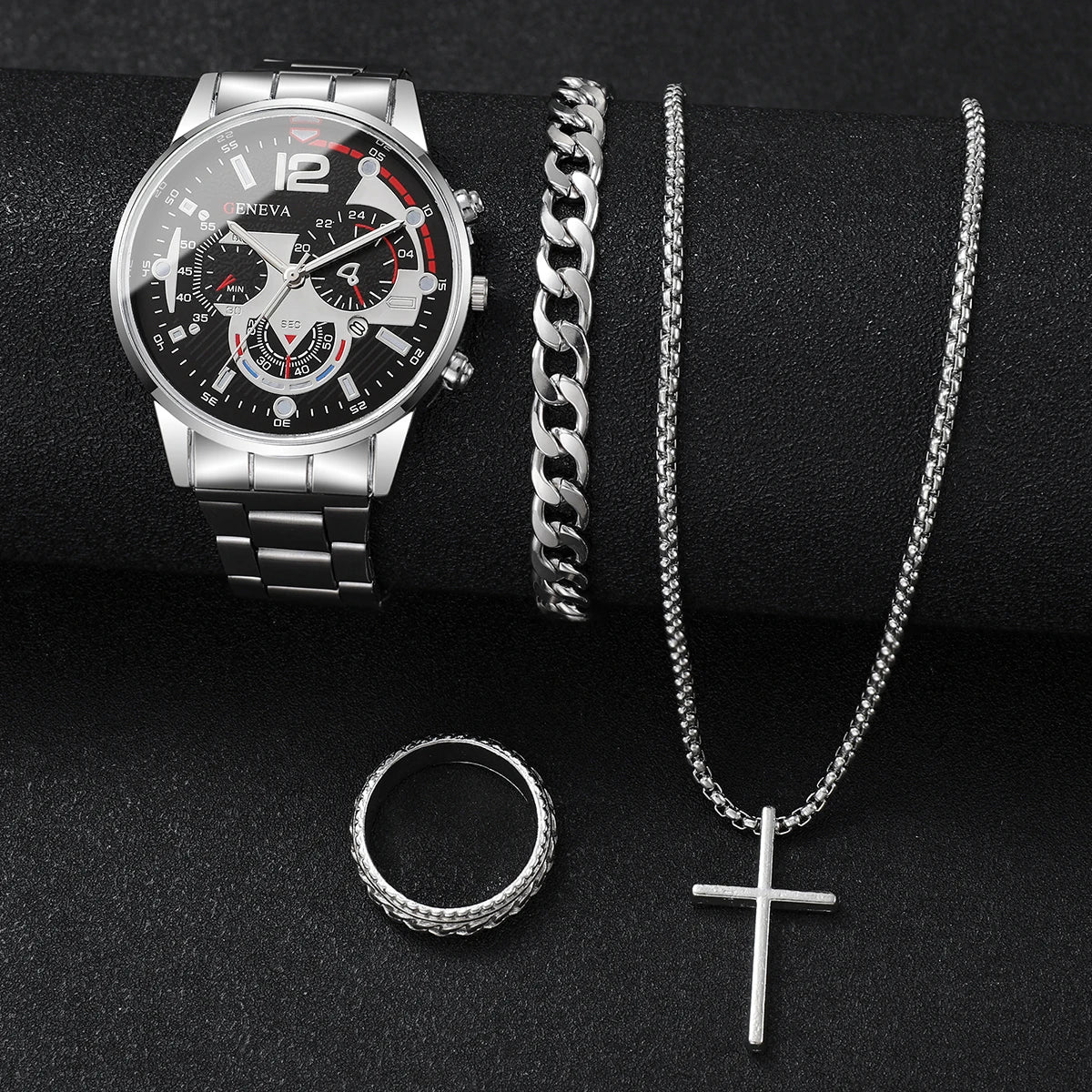 yolako 4pcs Men's Business Quartz Watch, Necklace, Bracelet & Ring Set - Alloy Band, Arabic Numeral, 42mm