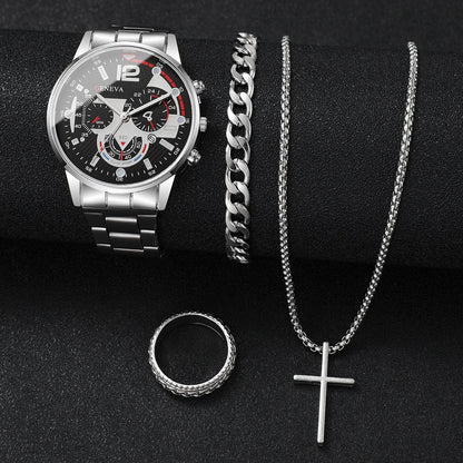 yolako 4pcs Men's Business Quartz Watch, Necklace, Bracelet & Ring Set - Alloy Band, Arabic Numeral, 42mm