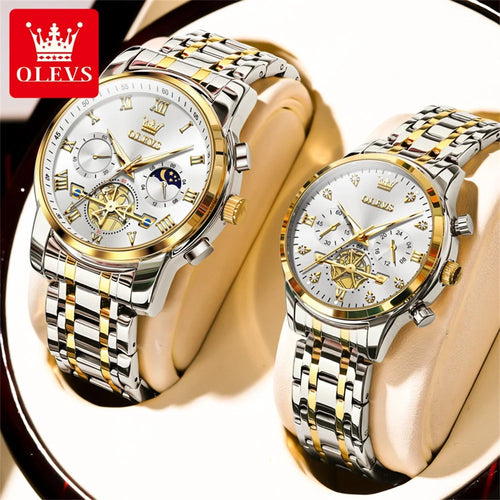OLEVS 2859+2897 Couple Watch - Stainless Steel, Waterproof, Chronograph, Moon Phase, Flywheel