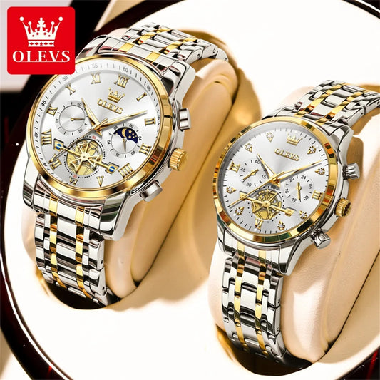 OLEVS 2859+2897 Couple Watch - Stainless Steel, Waterproof, Chronograph, Moon Phase, Flywheel