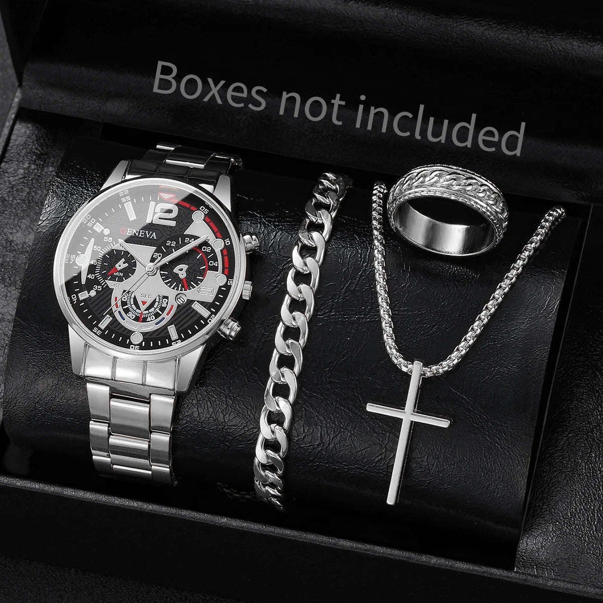 yolako 4pcs Men's Business Quartz Watch, Necklace, Bracelet & Ring Set - Alloy Band, Arabic Numeral, 42mm