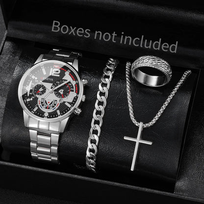 yolako 4pcs Men's Business Quartz Watch, Necklace, Bracelet & Ring Set - Alloy Band, Arabic Numeral, 42mm