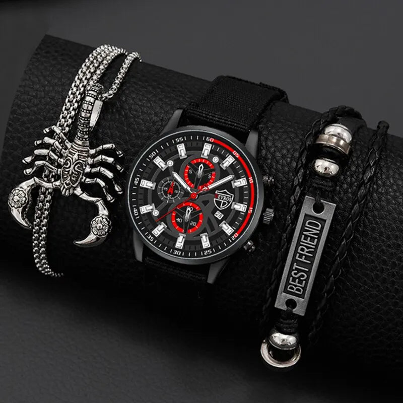DEYROS 3pcs Men's Quartz Watch, Necklace & Bracelet Set - Nylon Band, Hardlex, Numberless Dial