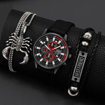 DEYROS 3pcs Men's Quartz Watch, Necklace & Bracelet Set - Nylon Band, Hardlex, Numberless Dial